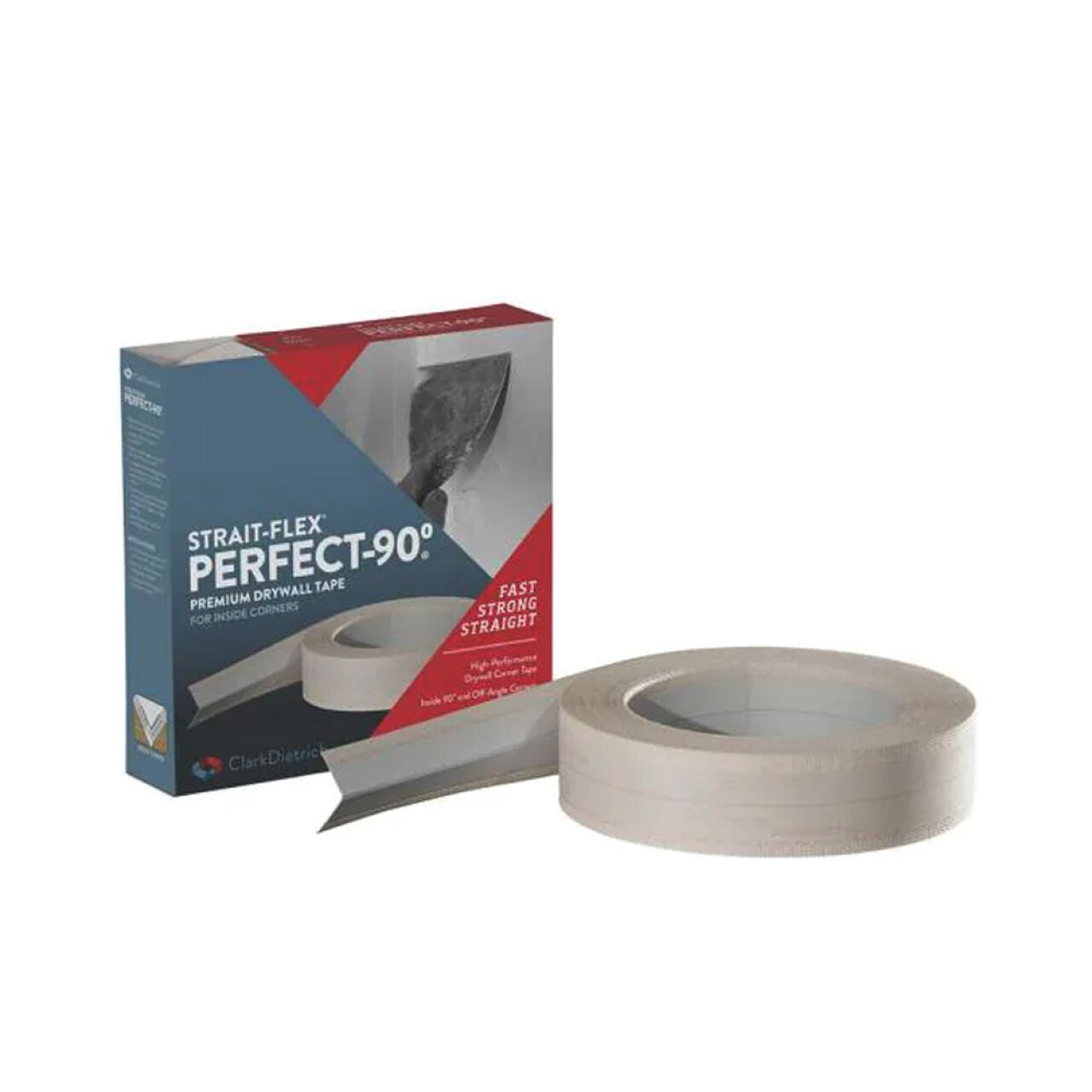 A box of Go Build Perfect-90 Flexible Paper Corner Trim (2-1/16 in. x 100 ft.) sits by a roll of white drywall tape, highlighting fast, strong, and straight application for inside 90° corners.
